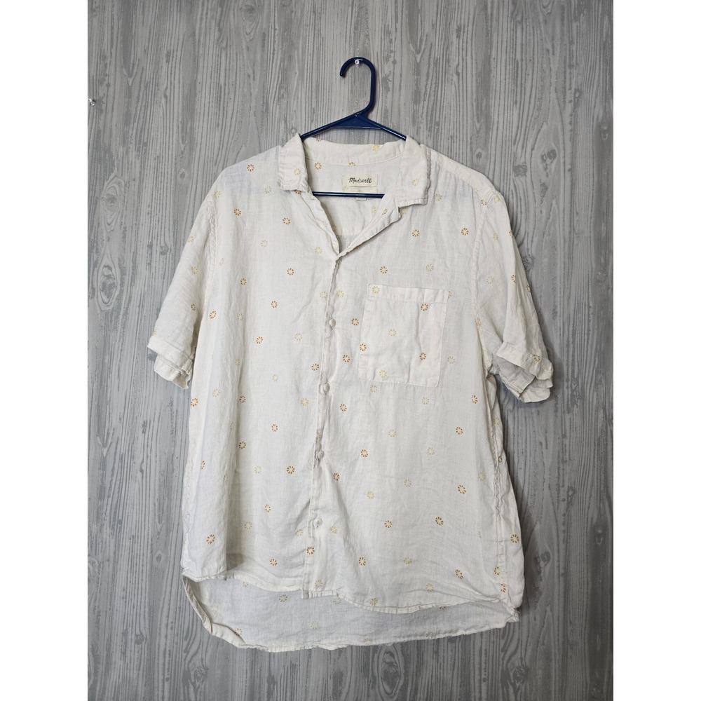 Madewell 100% Linen Shirt Mens Medium Cream Yellow Embroidered Easy Fit